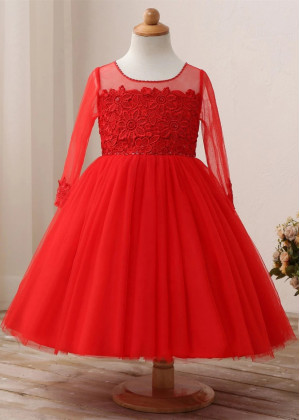 Beaded Red Lace Tulle Flower Girl Dress Birthday Party Dress